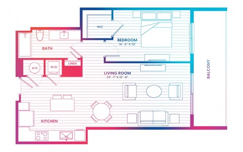 Floor plan for 1 bed, 1 bath, 795 sqft